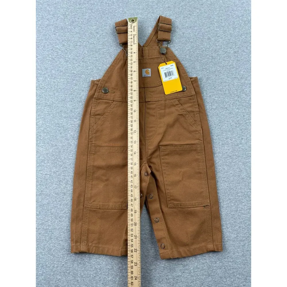 Carhartt Baby Canvas Bib Overalls 6M Brown 100% Cotton Leg Snaps Pocket Patch